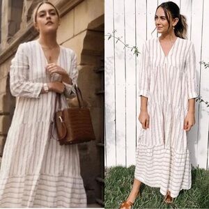 Zara Neutral Stripe Print Tiered Embroidered Midi Kaftan Size Large